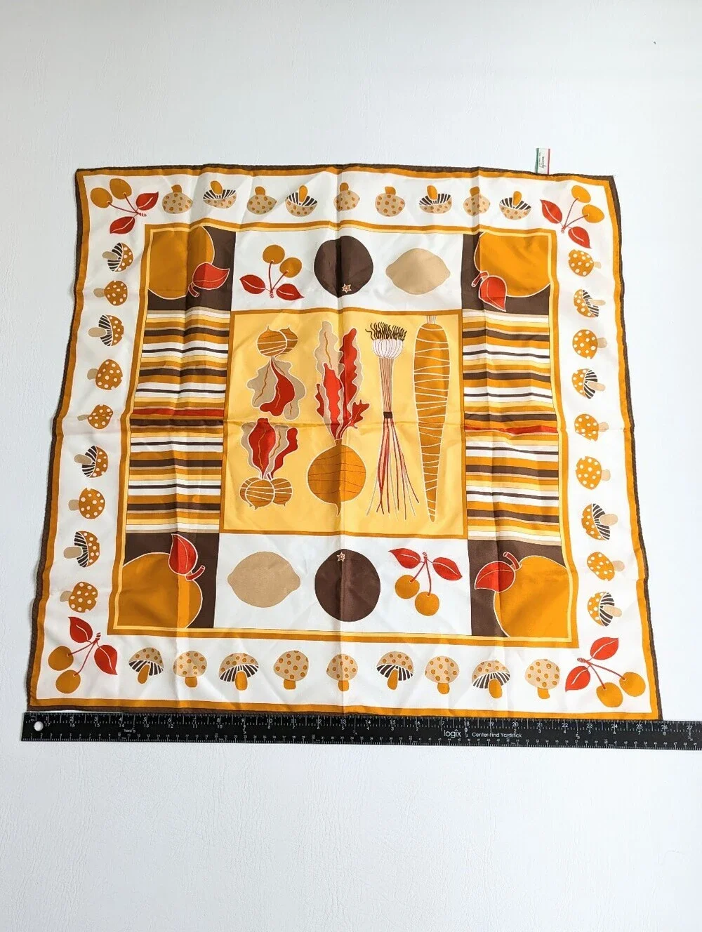 Vtg Morsly NY 70's Mushroom Cherries Vegetable Square Scarf Japan Mod